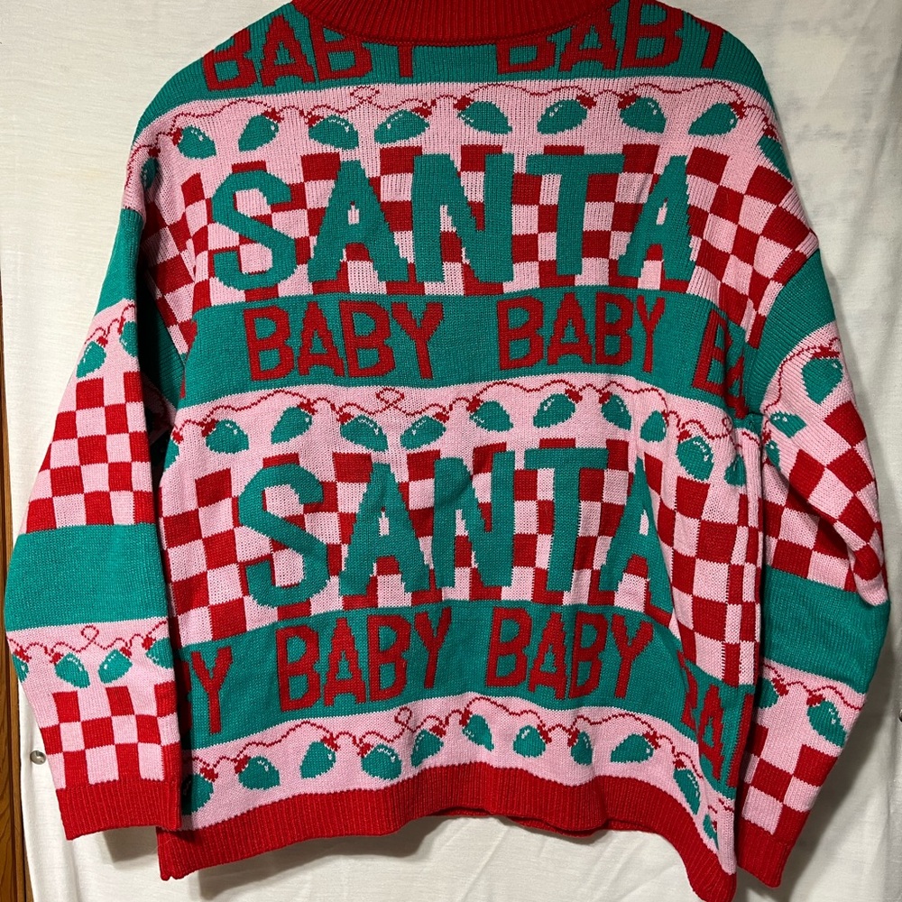 Grayson Threads Red and Green Crewneck Sweater Geometric Design Santa baby - Picture 2 of 3